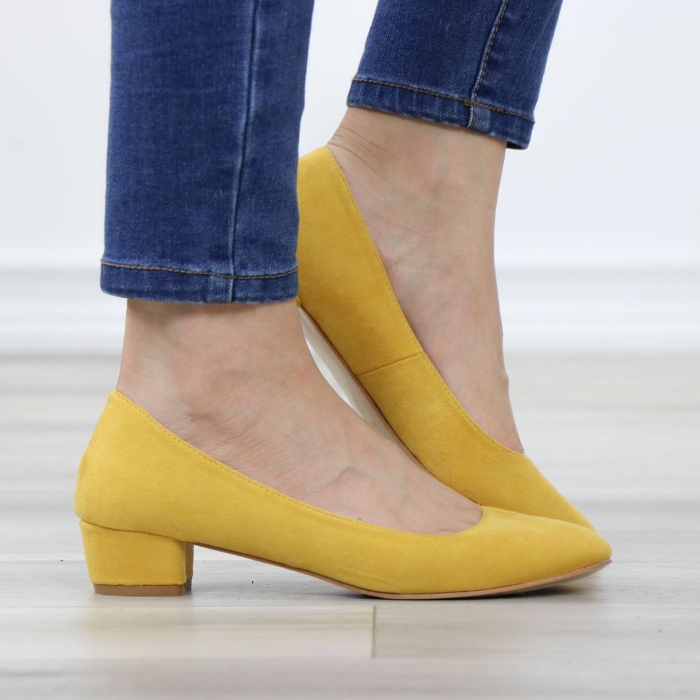 Mustard Faux Suede Close Round Toe Kitten Low Block Heel Pumps